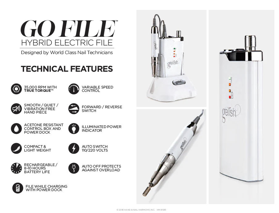 Gelish Go File Professional Portable Rechargeable Hybrid Electric Nail File Machine with Power Dock, and Handheld File
